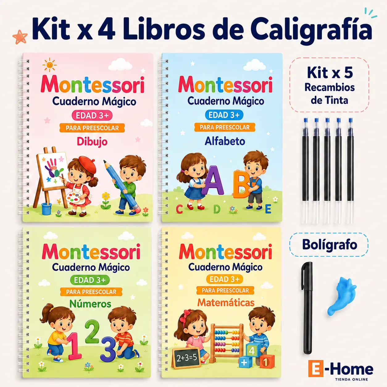 Kit x 4 Libros de Caligrafía con Tinta Mágica Reutilizable